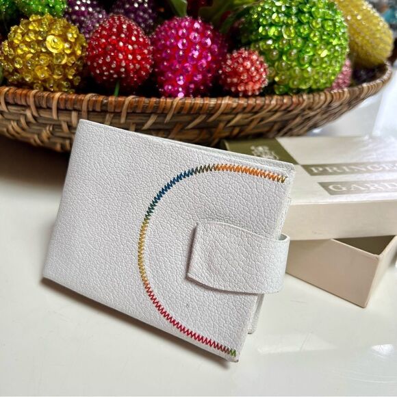 Vintage 1950s 1960s MCM Deadstock New in Box White Leather Rainbow Stitch Wallet - Picture 1 of 16